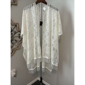 Faded Glory Lace Kimono Fringed Open Front Boho‎ Cardigan Ivory One Size
